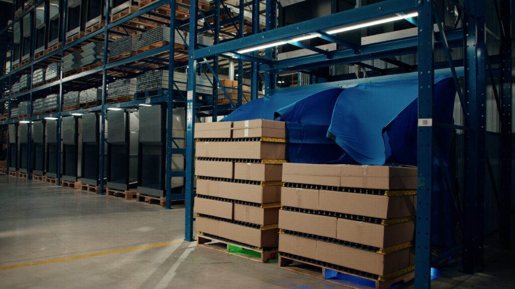 QuickFreeze AutoSeal engaged over pallets in a QFM blast-freezer line